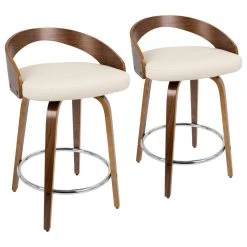 Lumisource Grotto Counter Stools With Swivels, Set Of 2, Walnut Wood, Cream Pu, Chrome