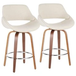 Lumisource Fabrico Mid-Century Modern Counter Stool, Walnut And Cream Fabric, Set Of 2