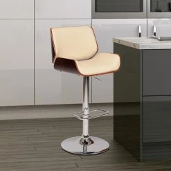 Armen Living London Swivel Barstool, Cream/Walnut Veneer/Chrome