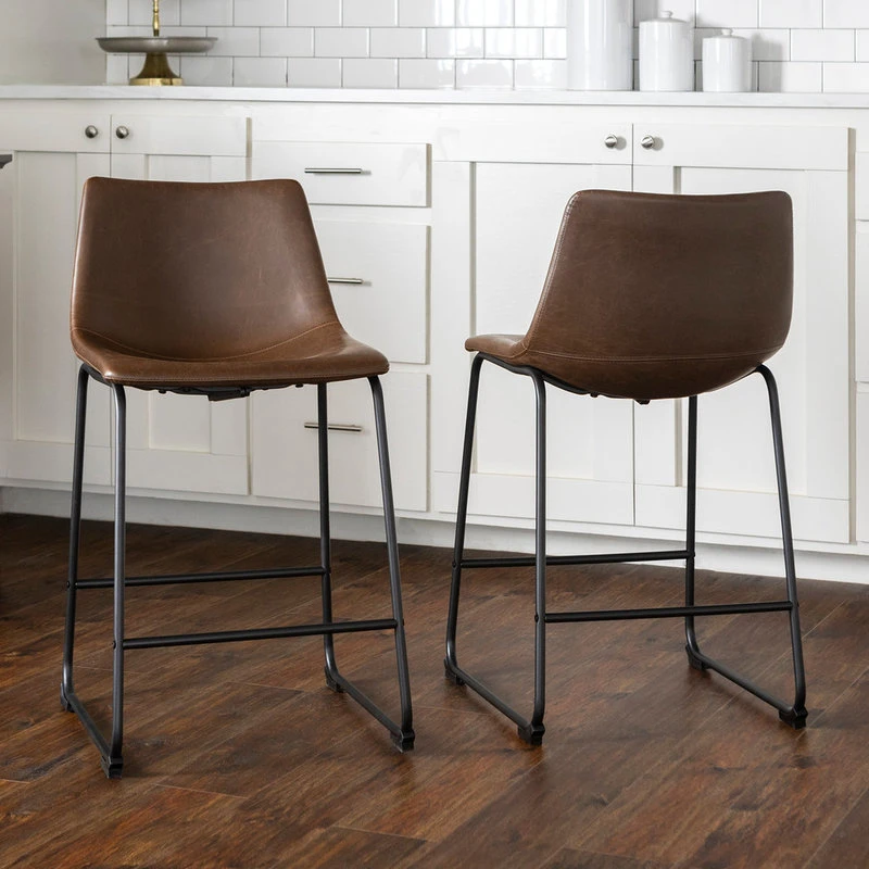 Walker Edison 24" Industrial Faux Leather Counter Stools, Brown 2 Walker Edison 24" Industrial Faux Leather Counter Stools, Brown - Image 2