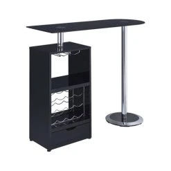 Home Furnishings Bar Table With Wine Bottle Storage And Glass Top, Glossy Black