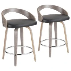 Lumisource Grotto Counter Stools With Swivels, Set Of 2, Light Gray Wood, Black, Pu, Chrome
