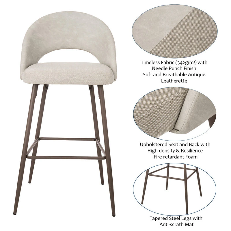 Glitzhome Pale Fabic/Leatherette Bar Stool With Tapered Metal Legs, Set Of 2, Pale Grey 2 Glitzhome Pale Fabic/Leatherette Bar Stool With Tapered Metal Legs, Set Of 2, Pale Grey - Image 2