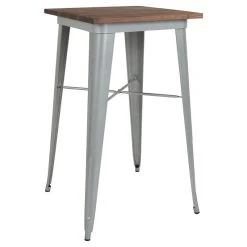 Offex 23.5" Square Silver Metal Indoor Bar Height Table, Walnut Rustic Wood Top
