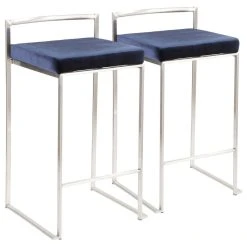 LumiSource Fuji Counter Stool Set Of 2, Blue, Stainless Steel Frame