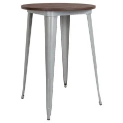 Offex 30" Round Silver Metal Bar Height Table With Walnut Rustic Wood Top