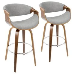 LumiSource Curvini Barstool, Walnut Wood And Gray, Set Of 2