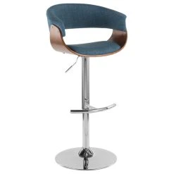 LumiSource Vintage Mod Adj. Barstool With Swivel, Walnut And Blue