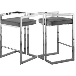 Meridian Furniture Ezra Counter Stool, Set Of 2, Gray Velvet, Chrome Base