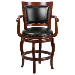 Merrick Lane 26" Cherry Counter Height Wooden Stool With Arms And Faux Leather Swivel Seat -CHAMPRO shop 6f71876f0258d644 3129 w800 h800 b1 p0