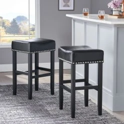 GDFStudio GDF Studio Chantal Backless Leather Stools, Set Of 2, Black, Bar Height: 30"
