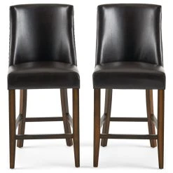 GDFStudio GDF Studio Rydel Nailhead Accent Brown Leather Stools, Set Of 2, Counter Height