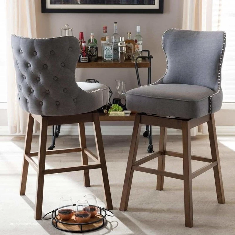 Baxton Studio Gradisca Brown Wood And Tufted Swivel Barstool, Set Of 2, Gray 5 Baxton Studio Gradisca Brown Wood And Tufted Swivel Barstool, Set Of 2, Gray - Image 5