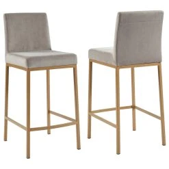 Worldwide Homefurnishings Inc. Set Of 2, 26'' Counter Stool, Velvet With Gold Metal Legs, Gray And Gold Leg