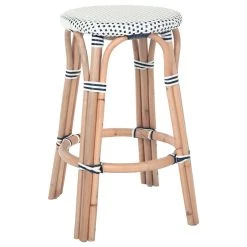 KOUBOO Bistro Backless Rattan Stool, White And Blue, Counter Stool