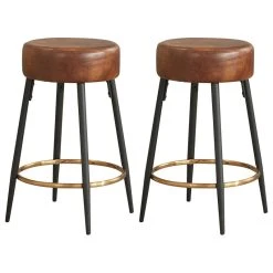 Duhome Elegant Lifestyle Minimalist Round Bar Stools, Yellowish Brown Faux Leather- 2 Pcs, 24 Inch