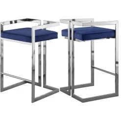 Meridian Furniture Ezra Counter Stool, Set Of 2, Navy Velvet, Chrome Base