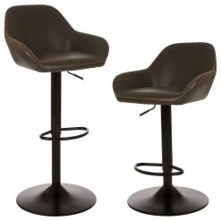 Glitzhome Vintage Gray Leatherette Gaslift Adjustable Swivel Bar Stool, Set Of 2