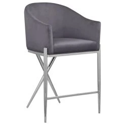 Meridian Furniture Xavier Velvet Upholstered Counter Height Stool, Gray, Chrome Finish