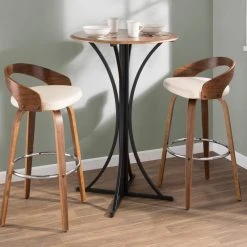 Lumisource Grotto Mid-Century Modern Barstool, Walnut/Cream Faux Leather, Set Of 2