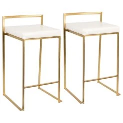 LumiSource Fuji Counter Stool Set Of 2, White, Gold Frame
