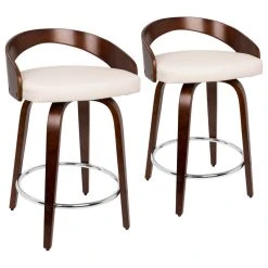 Lumisource Grotto Counter Stools With Swivels, Set Of 2, Cherry Wood, White, Pu, Chrome