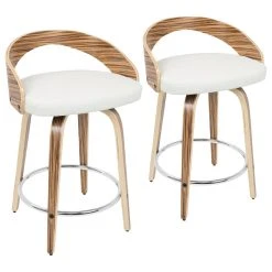 Lumisource Grotto Counter Stools With Swivels, Set Of 2, Zebra Wood, White, Pu, Chrome