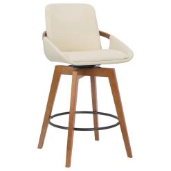 Armen Living Baylor Swivel Wood Stool, Faux Leather, Cream/Walnut, 26" Counter Height
