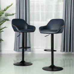 Glitzhome Vintage Navy Blue Leatherette Gaslift Adjustable Swivel Bar Stool, Set Of 2