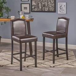 GDFStudio GDF Studio Auburn Brown Leather Backed Bar Stools, Set Of 2