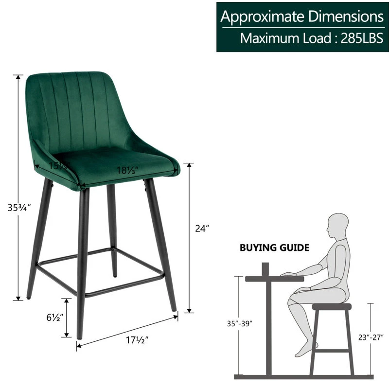 Duhome Elegant Lifestyle Set Of 2 Vertical Channel Tufted Velvet Bar Stools, Dark Green, 24 Inch 6 Duhome Elegant Lifestyle Set Of 2 Vertical Channel Tufted Velvet Bar Stools, Dark Green, 24 Inch - Image 6