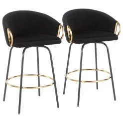 Lumisource Claire Counter Stool, Set Of 2, Black Metal, Gold Metal, Black Velvet