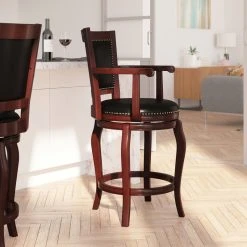 Merrick Lane 26" Cherry Counter Height Wooden Stool With Arms And Faux Leather Swivel Seat -CHAMPRO shop e541ebf00258d63b 3129 w800 h800 b0 p0