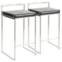 Lumisource Fuji Contemporary Stackable Counter Stool, Black Faux Leather, Set Of 2