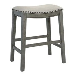 Office Star Products Saddle Wood Stool 24" Gray Fabric And Antique Gray Base And Nailheads 2-pack