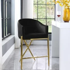 Meridian Furniture Xavier Velvet Upholstered Counter Height Stool, Black, Gold Finish