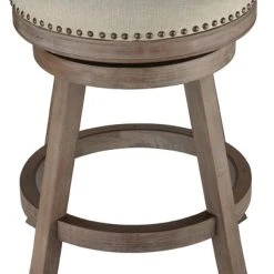 Cortesi Home Sadie Backless Swivel Counter Stool, Solid Wood And Beige Fabric