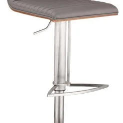 Armen Living Cafe Adjustable PU Bar Stool With Walnut Back, Seat: Gray, Base: Brushed Stainle