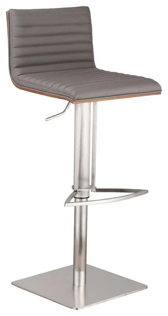 Armen Living Cafe Adjustable PU Bar Stool With Walnut Back, Seat: Gray, Base: Brushed Stainle 1 Armen Living Cafe Adjustable PU Bar Stool With Walnut Back, Seat: Gray, Base: Brushed Stainle